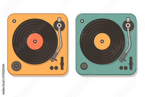 Colorful vintage turntables playing classic vinyl records audio equipment