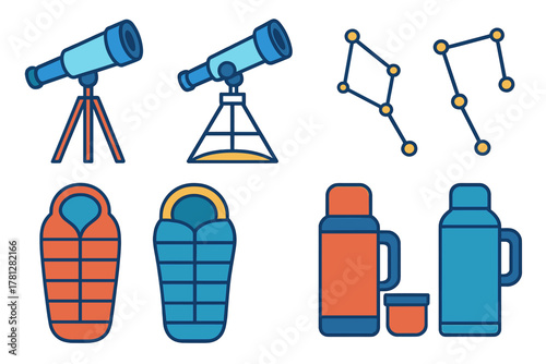Set of essential gear for camping, hiking, and astronomy, including telescope and sleeping bag