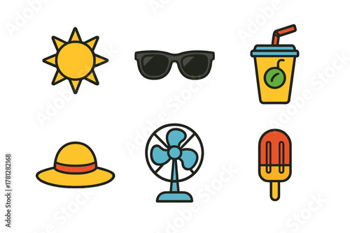Colorful summer season symbols including sun, sunglasses, cold beverage, straw hat, desk fan, and popsicle