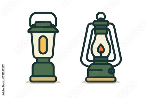 Classic kerosene lantern and modern battery-powered camping lamp for outdoor lighting