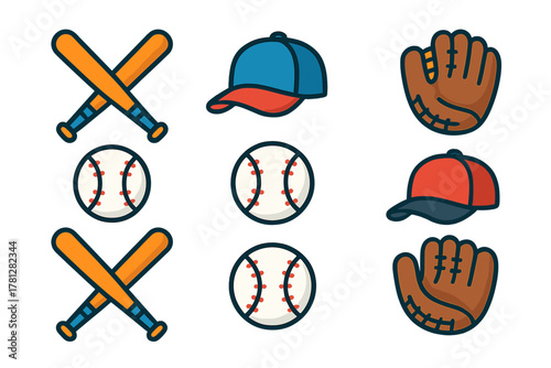 Stylized collection of baseball equipment icons including bats, balls, caps, and catcher mitts