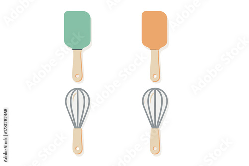 Colorful kitchen utensils set featuring spatulas and whisks with light wood handles
