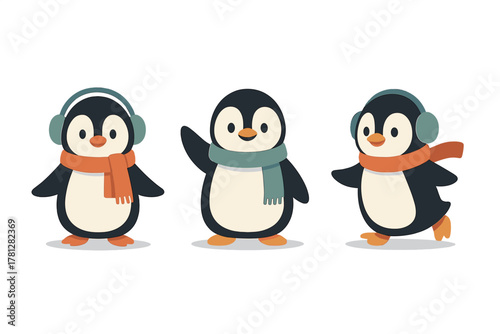Three cute cartoon penguins wearing scarves and earmuffs in winter clothes