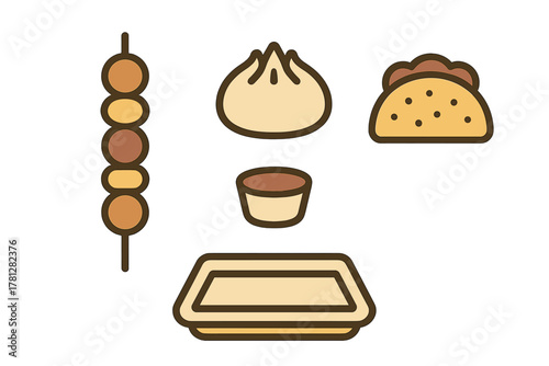 International street food items: skewer, dumpling, taco, dipping sauce, and tray