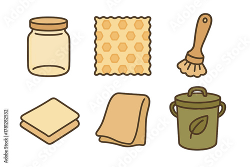 Set of reusable kitchen and cleaning supplies for eco-friendly sustainable living