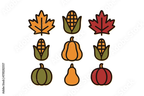 Autumn harvest elements set featuring maple leaves, corn, pumpkins, and gourds
