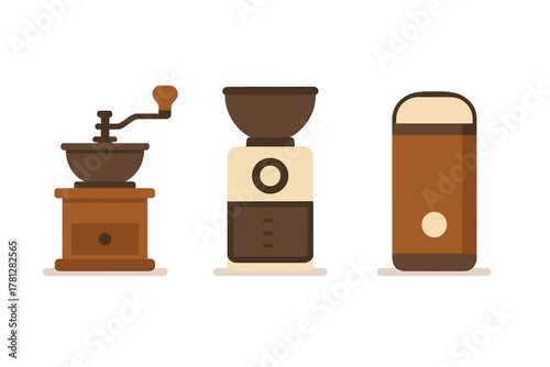 Three coffee grinding machines and equipment for brewing fresh espresso beans