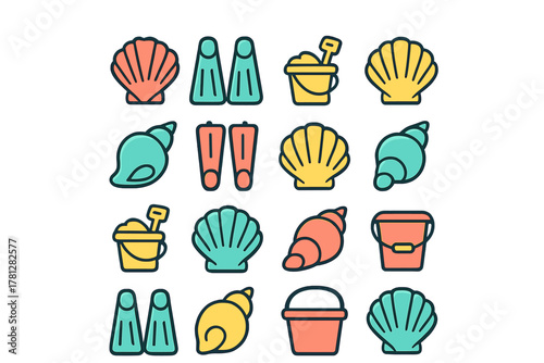 Colorful summer beach and sea objects including seashells, sand buckets, and swimming flippers
