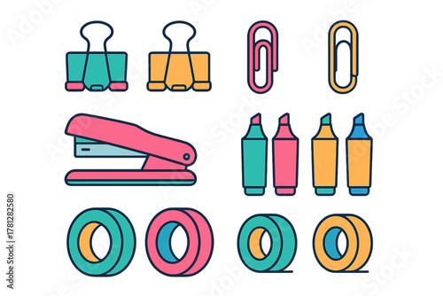Essential stationery items set with binder clips, paper clips, stapler, markers, and adhesive tape