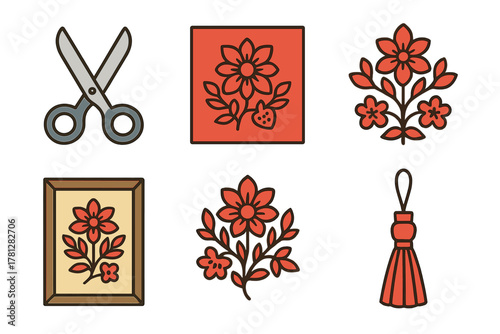 Traditional Chinese folk art elements set with paper cutting scissors floral patterns and tassel