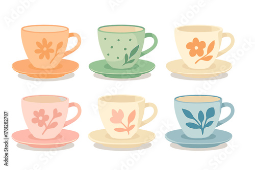 Six colorful ceramic teacups and saucers with floral and botanical patterns on white background