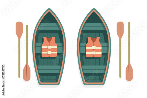 Two wooden rowboats seen from above with safety life vests and paddles ready for water recreation