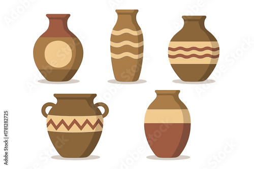 Traditional earthenware vessels and antique ceramic pots with geometric designs