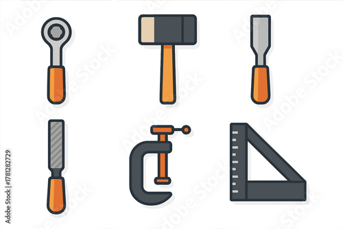 Essential carpentry and construction hand tools set including wrench, mallet, chisel, clamp, and square