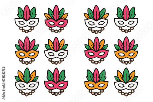 Colorful pattern of traditional carnival masks decorated with feathers and beads for celebration design