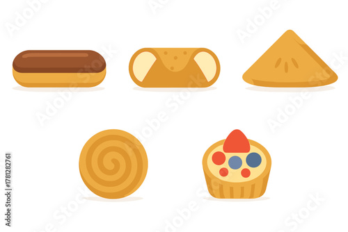 Five sweet pastries including eclair, cannoli, fruit tart, turnover, and rolled dessert