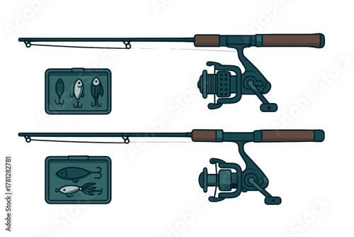 Set of fishing rods and reels displayed next to tackle boxes filled with artificial lures