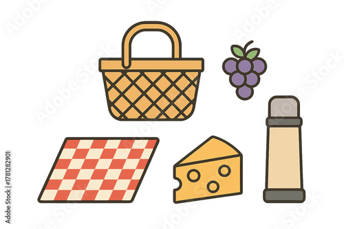 Essential picnic items collection featuring a wicker basket, checkered blanket, grapes, cheese, and thermos