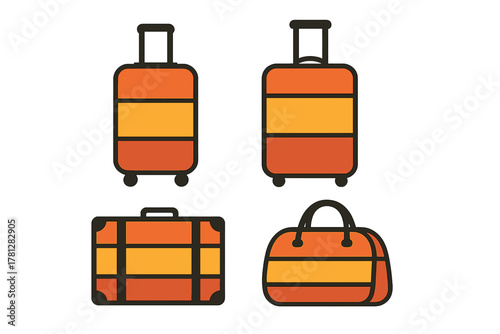 Collection of travel baggage styles including rolling trolley cases and duffel bags