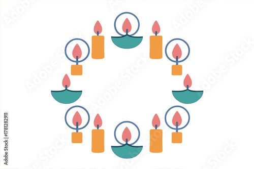 Circular arrangement of traditional Indian Diwali oil lamps and burning candles
