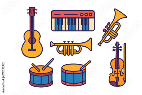 Colorful collection of musical instruments including guitar, keyboard, trumpet, drums, and violin