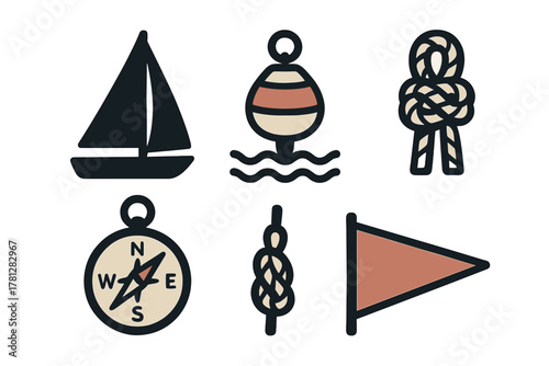 Essential sailing and marine navigation symbols featuring sailboat, buoy, compass, and rope knots