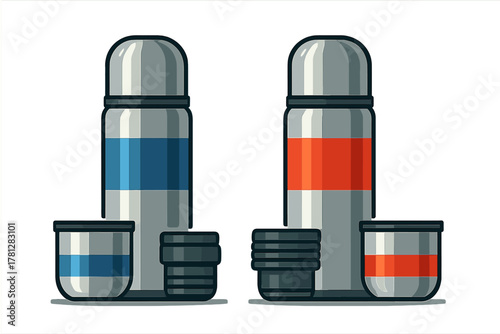 Pair of insulated stainless steel thermoses with blue and orange accents