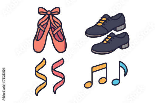 Set of dance and music symbols featuring ballet pointe shoes, dress shoes, ribbons, and musical notes