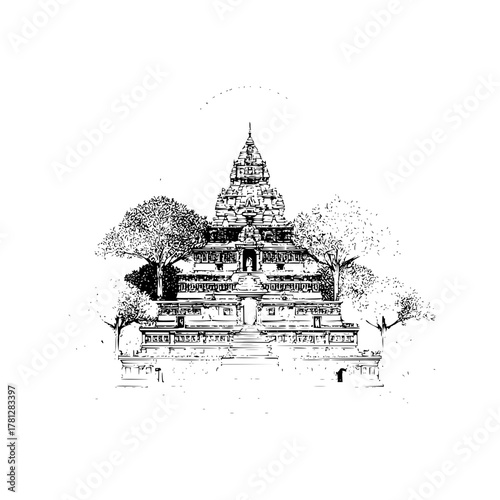 Drawing of plaosan temple indonesia hindu buddhist architecture travel destination culture and history asia art