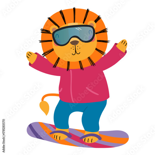 Lion snowboarding isolated on transparent. Hand drawn flat vector illustration. Cute cartoon character. Traditional Christmas, New Year design element, clip art