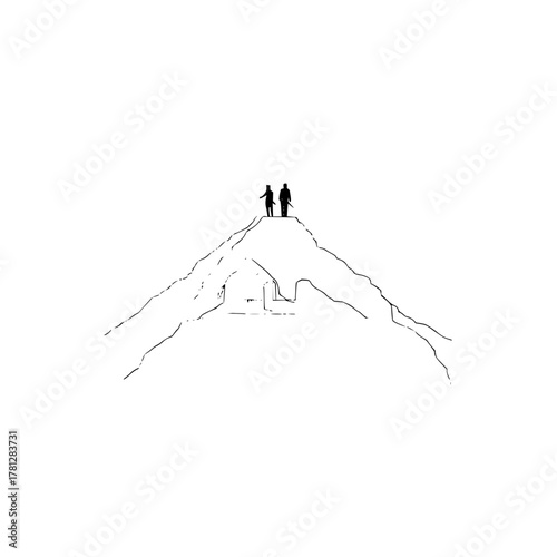 Minimalist mountain peak illustration with couple hiking adventure and cabin retreat in black and white style