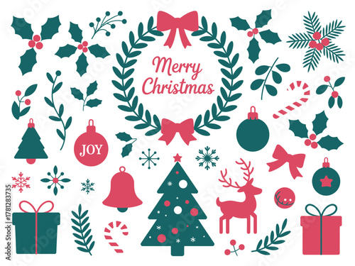 A collection of festive Christmas elements including trees, wreaths, gifts, and ornaments, conveying holiday cheer and celebration.