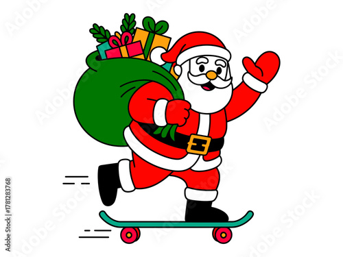 Santa Claus rides a skateboard, delivering gifts with his sack full of presents.