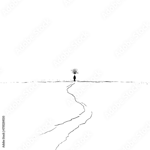 Minimalist landscape drawing of lone tree on horizon with winding path in black and white art design style