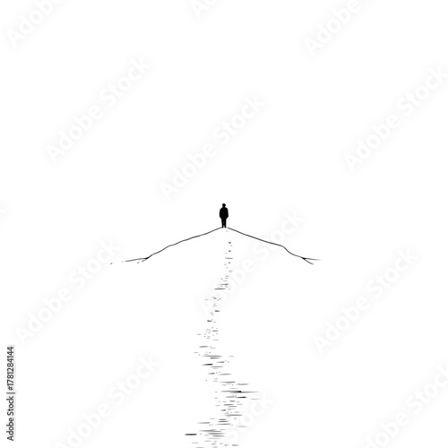 Minimalist black and white art print of a lone figure walking on water reflection landscape design