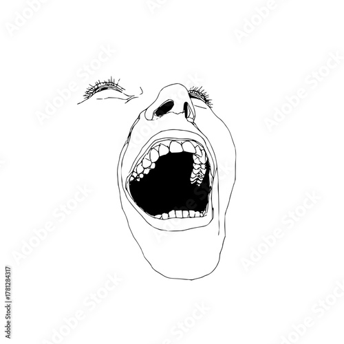 Illustration of screaming mouth open wide with teeth showing in black and white line art drawing style