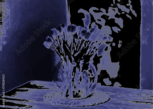 Elegant purple tulips in a glass vase create a peaceful, modern ambiance for home decor and artistic presentations with a hint of mystery