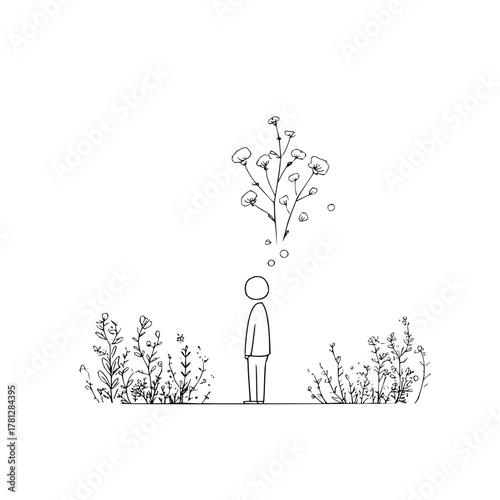 Minimalist line art of person in nature thinking about flowers and growth in a simple botanical drawing