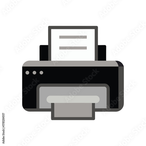 Flat Icon of a Black Printer with Paper vector office On Transparent Background