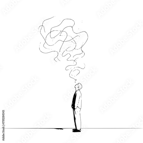 Man thinking about complex problems and abstract ideas concept art sketch illustration for mental health