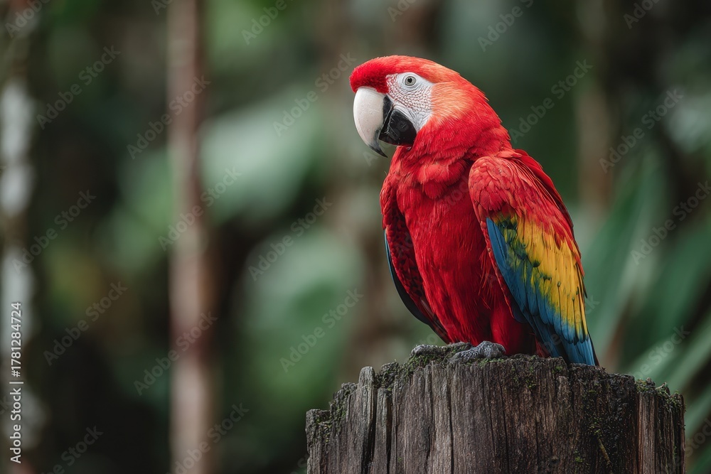 Obraz premium Vibrant Scarlet Mccaw Perched on a Tree Stump Against a Lush Tropical Forest Backdrop