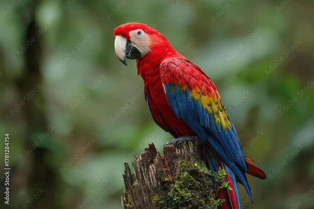 Obraz premium Vibrant Scarlet Mccaw Perched on Tree Stump Amidst Lush Costa Rican Tropical Forest