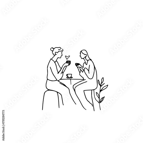 Two women friends drinking coffee together at cafe minimal line art vector illustration design for print and web use