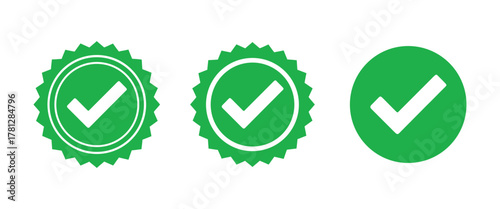 Set of Three Green Check Mark Badges tick icon On Transparent Background