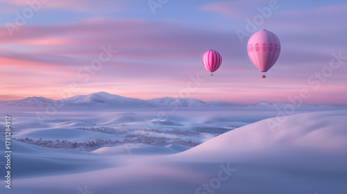 Winter landscape with hot air balloons over snowy hills and pastel sky at sunrise or sunset