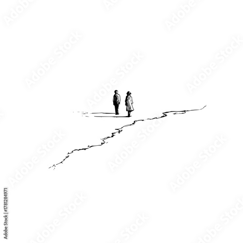 Minimalist art print of two people standing on a crack line drawing in black and white illustration style