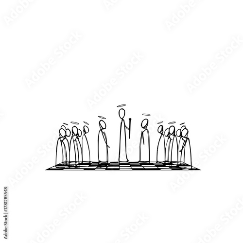 Angels on chessboard vector illustration, heavenly beings, spiritual art, line drawing, stick figures, halos art