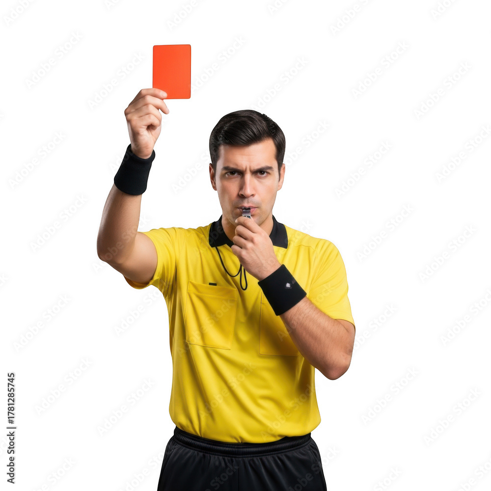 Naklejka premium A serious soccer referee wearing a yellow shirt and black shorts holds up a red card isolated on transparent background