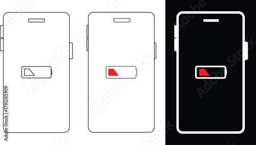 Animated red low battery icon on phone. Mobile phone with low battery icon in vector.