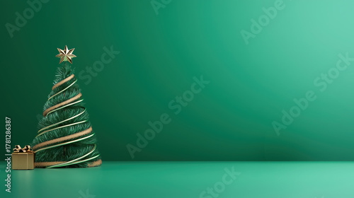 Stylized Christmas tree with gold ribbon and gift box on gradient green background